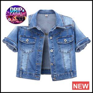 Women's Short Sleeve Crop Denim Trucker Jacket, Summer Casual Top